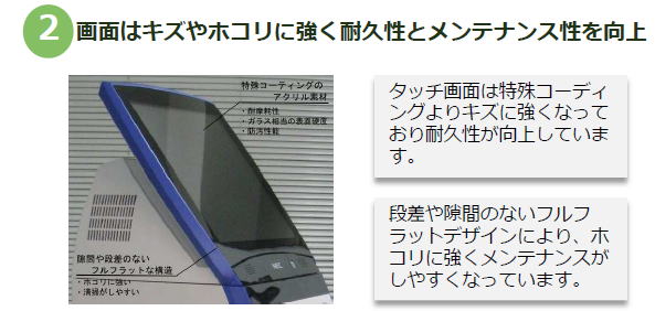 再来受付機:画面はキズやホコリに強く耐久性とメンテナンス性を向上